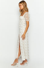 Clydie White Floral Cap Sleeve Midi Dress