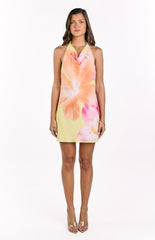 Zyla Yellow Hibiscus Floral Print Cowl Mini Dress